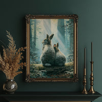 Two Rabbits in Morning Light — Forest Clearing Painting