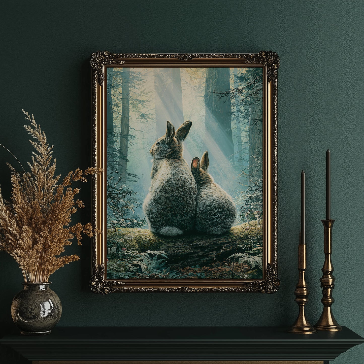 Two Rabbits in Morning Light — Forest Clearing Painting