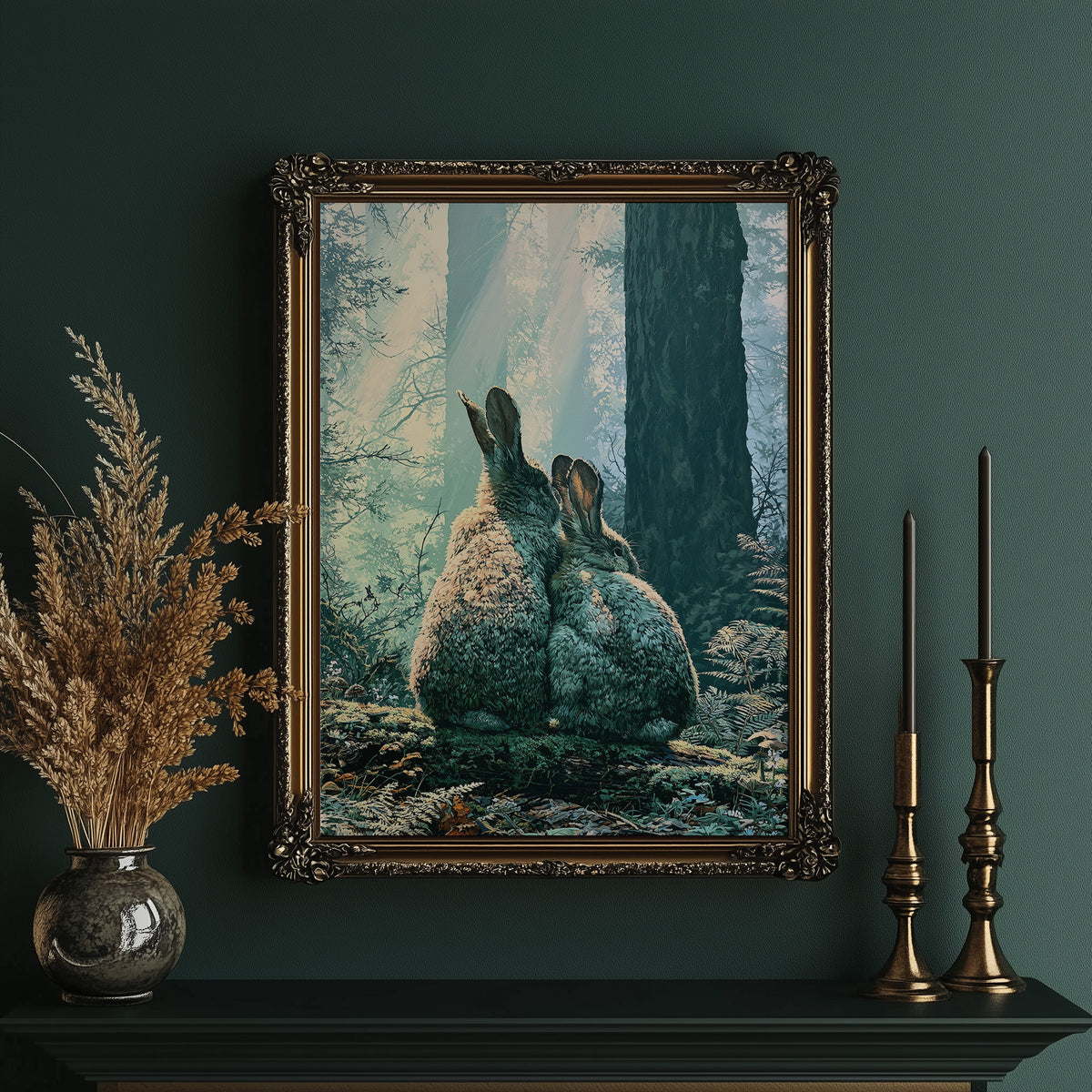 Two Rabbits in Morning Light — Close-Up Forest Painting