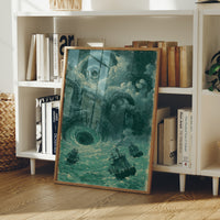 The Kraken and the Maelstrom — Teal Maritime Horror Print