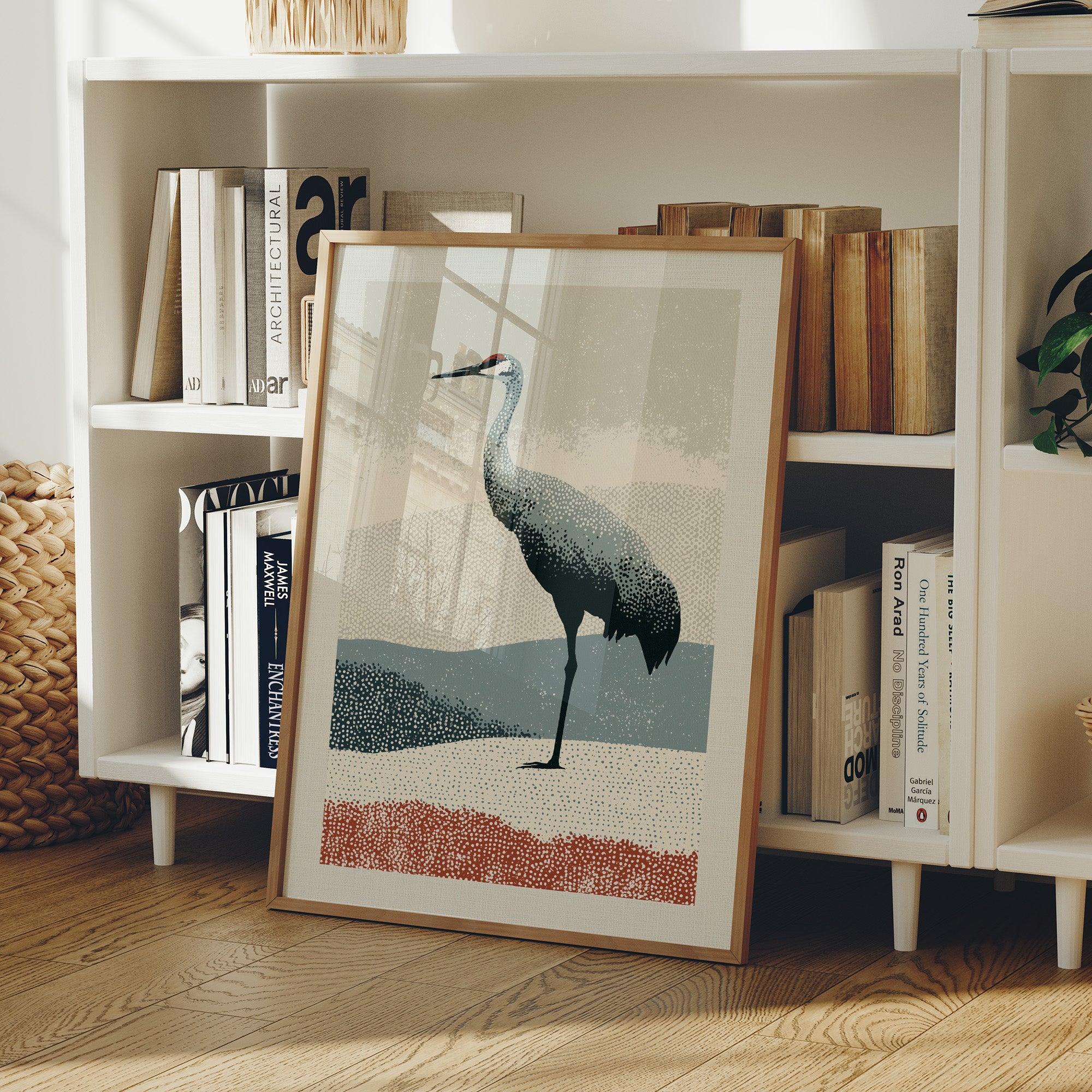 Stippled Crane: A Halftone Landscape