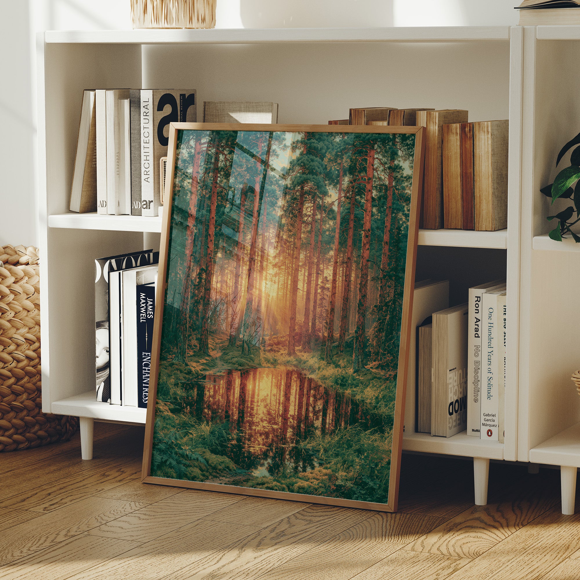 Golden Hour Reflections: Pine Forest at Sunset