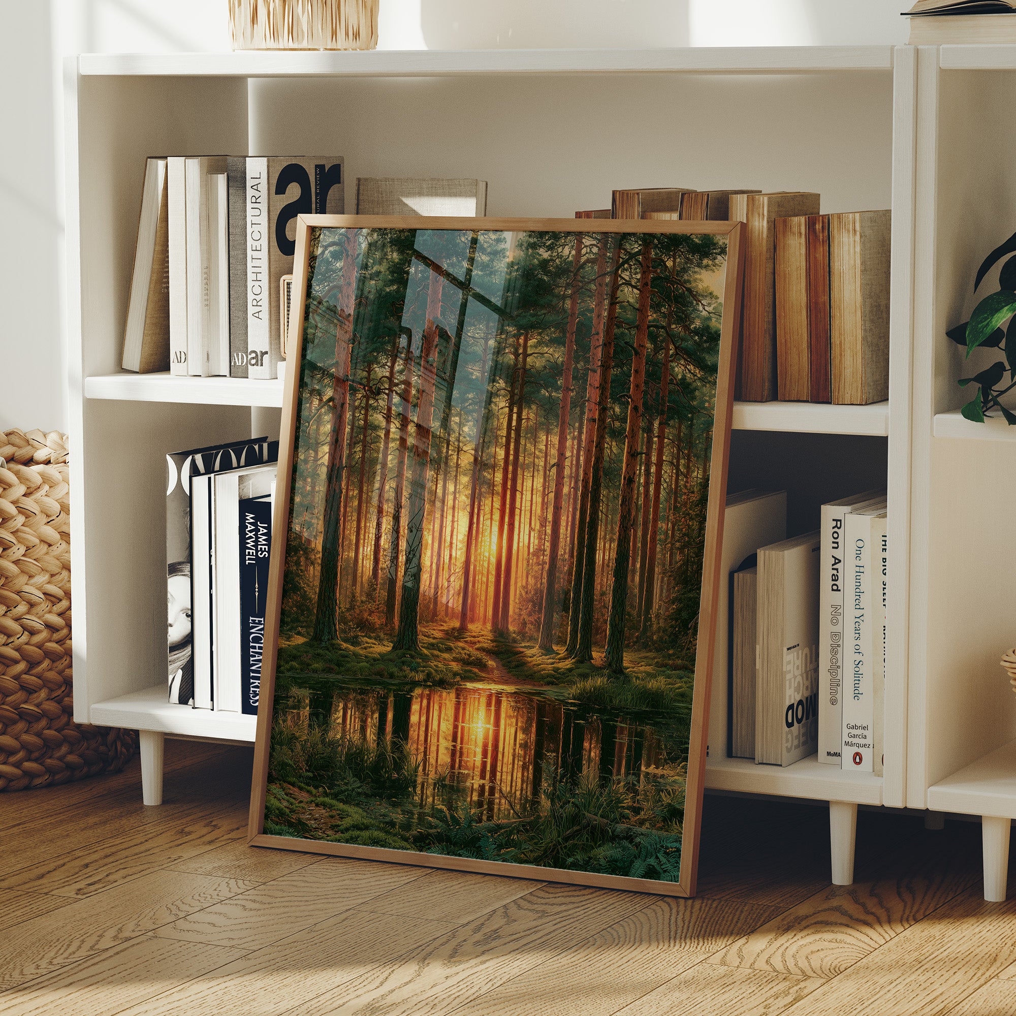 The Sunlit Path: Pine Forest Reflection at Dusk