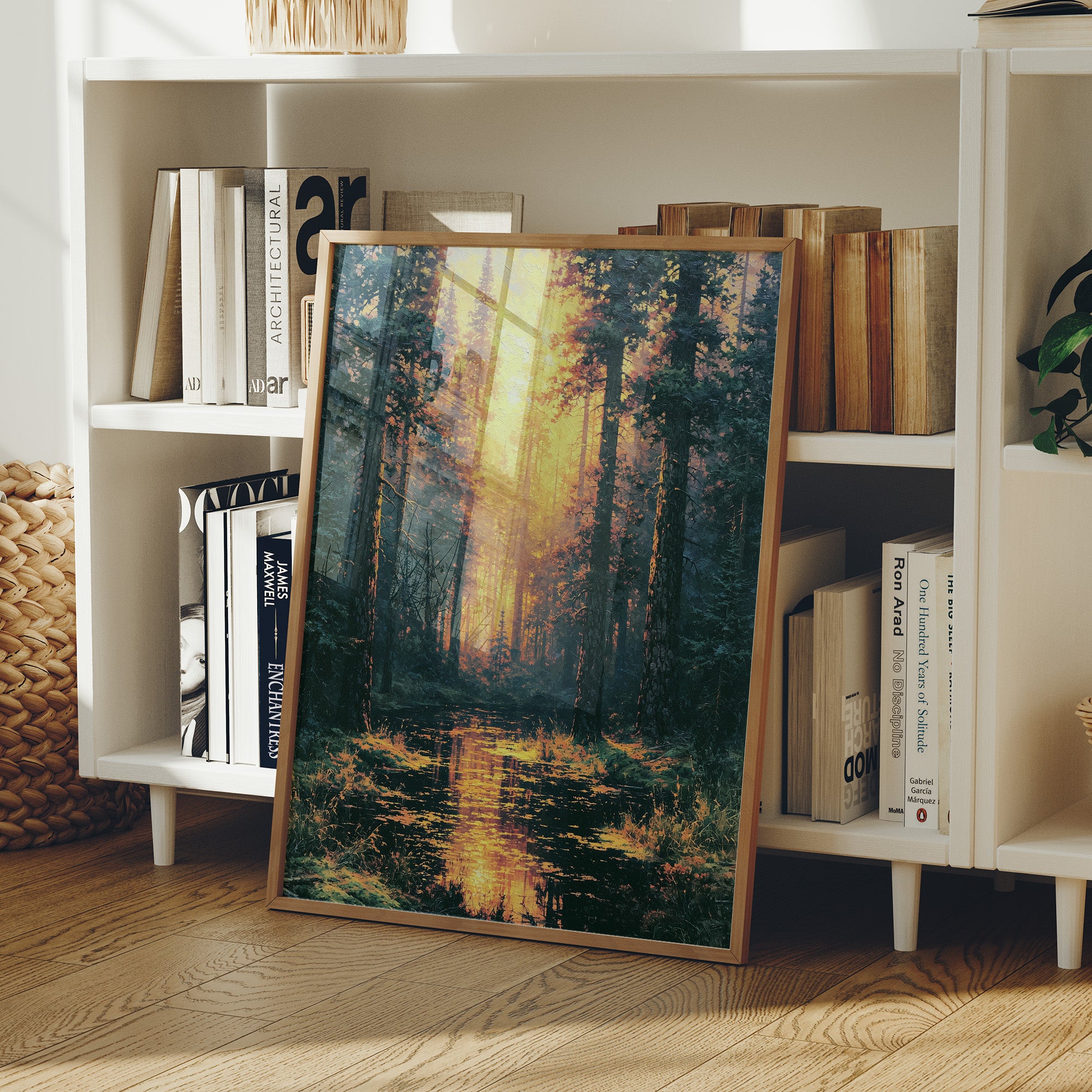 Blazing Grove: Impasto Forest Stream at Sunset
