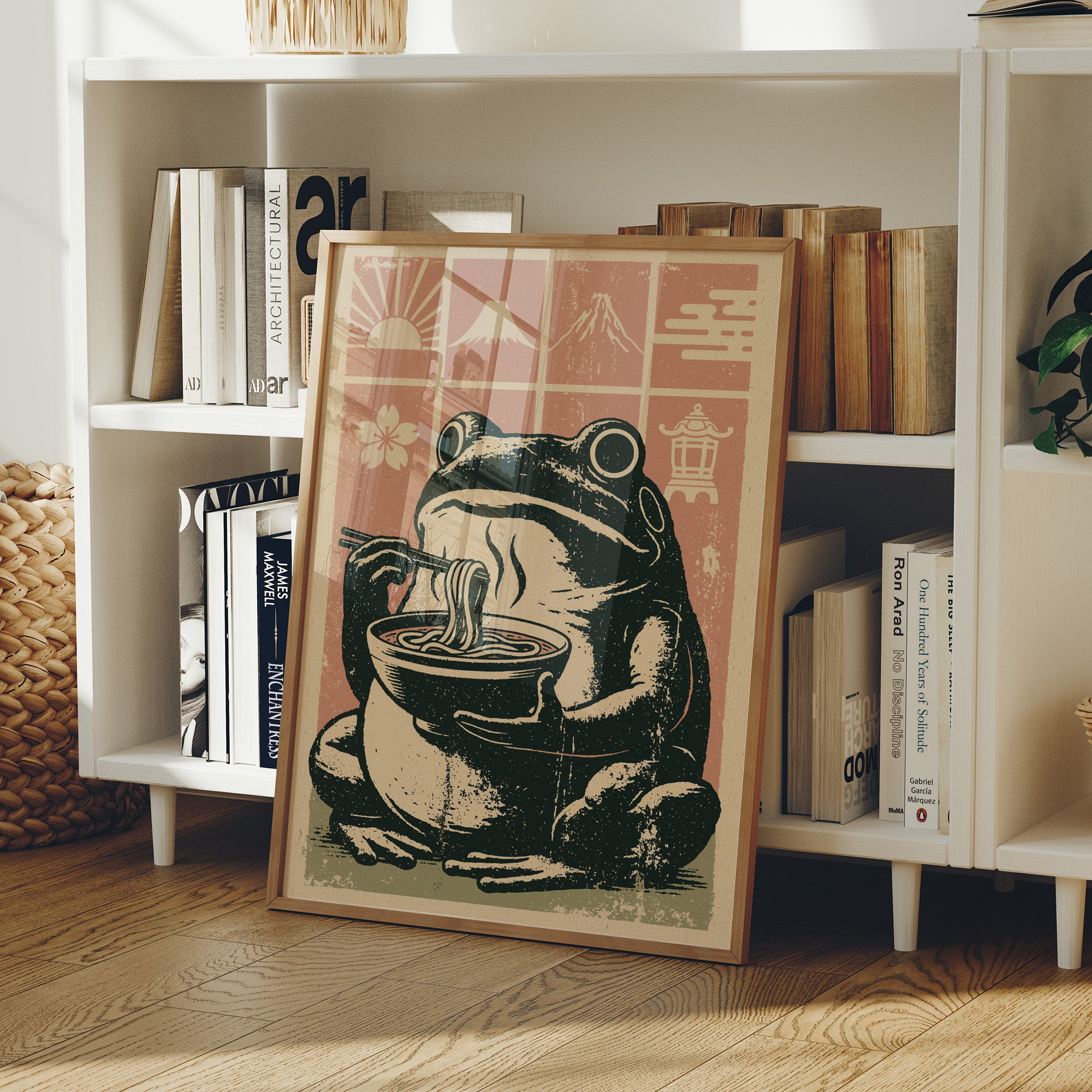 Steamy Ramen Toad: A Woodblock Frog's Slurp