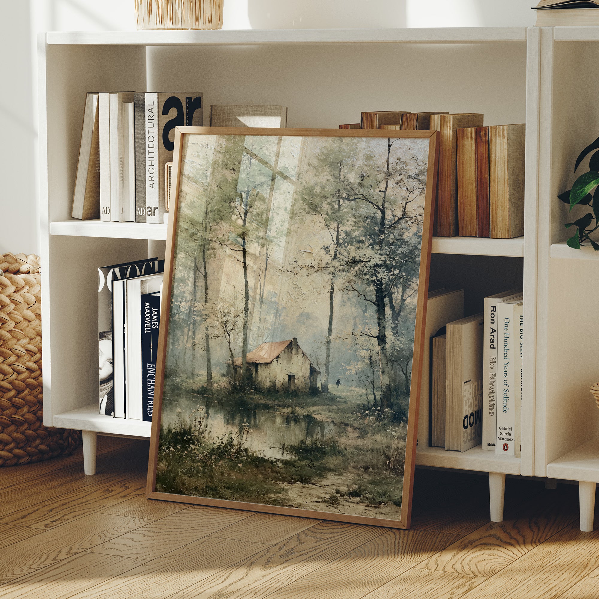 The Weathered Cottage: Misty Woodland Reflection