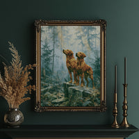 Retrievers Gazing Skyward in the Blue Forest