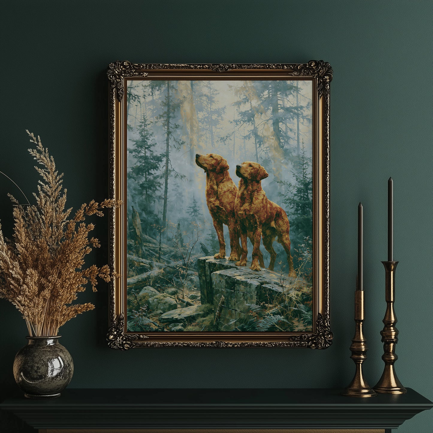 Retrievers Gazing Skyward in the Blue Forest