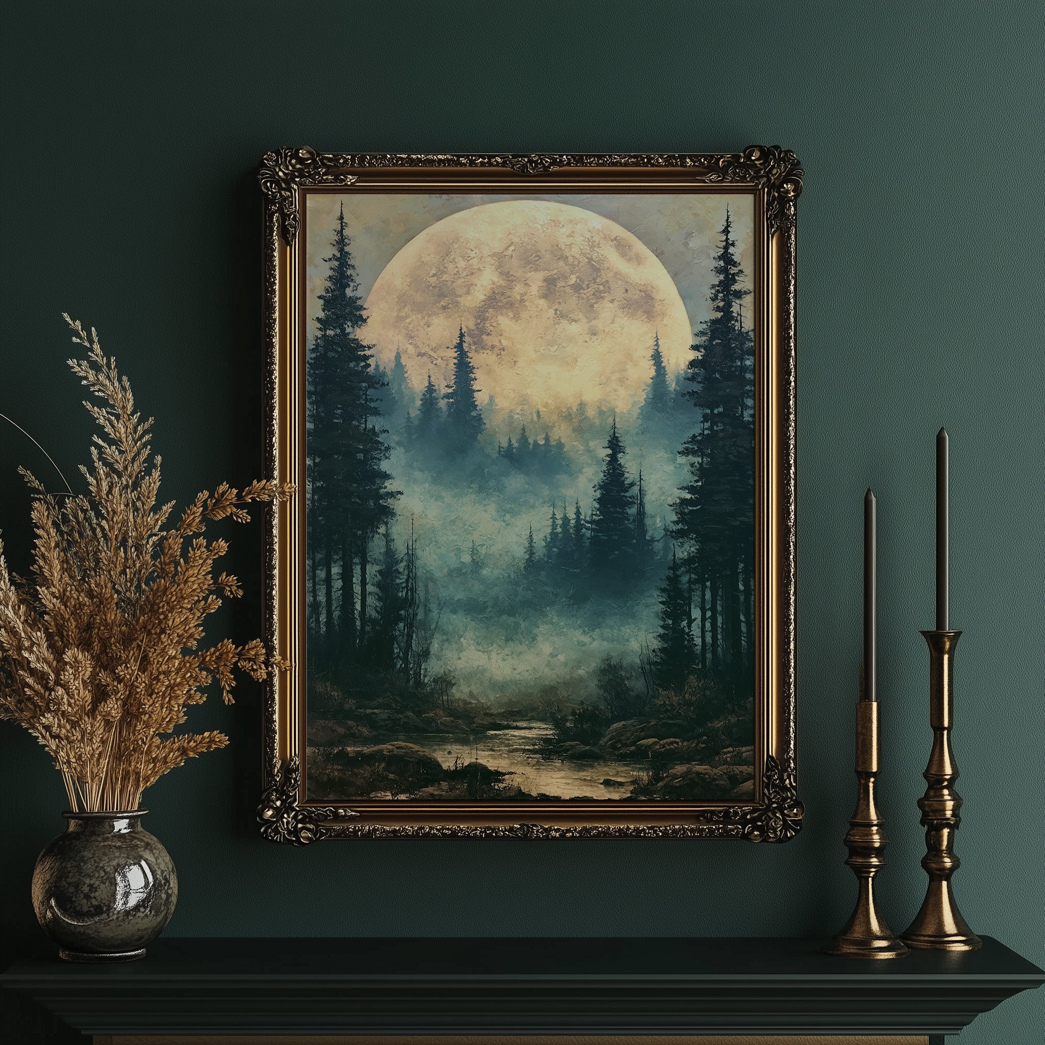 Golden Moon Over Pine Forest