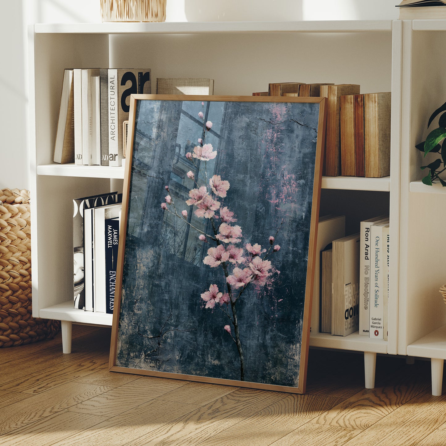 Pink Blossoms on Weathered Denim Blue