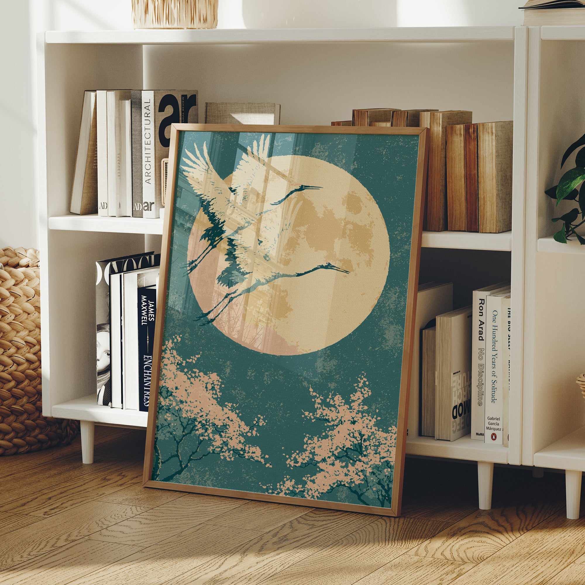 Crane Beneath Blossoms and Moon