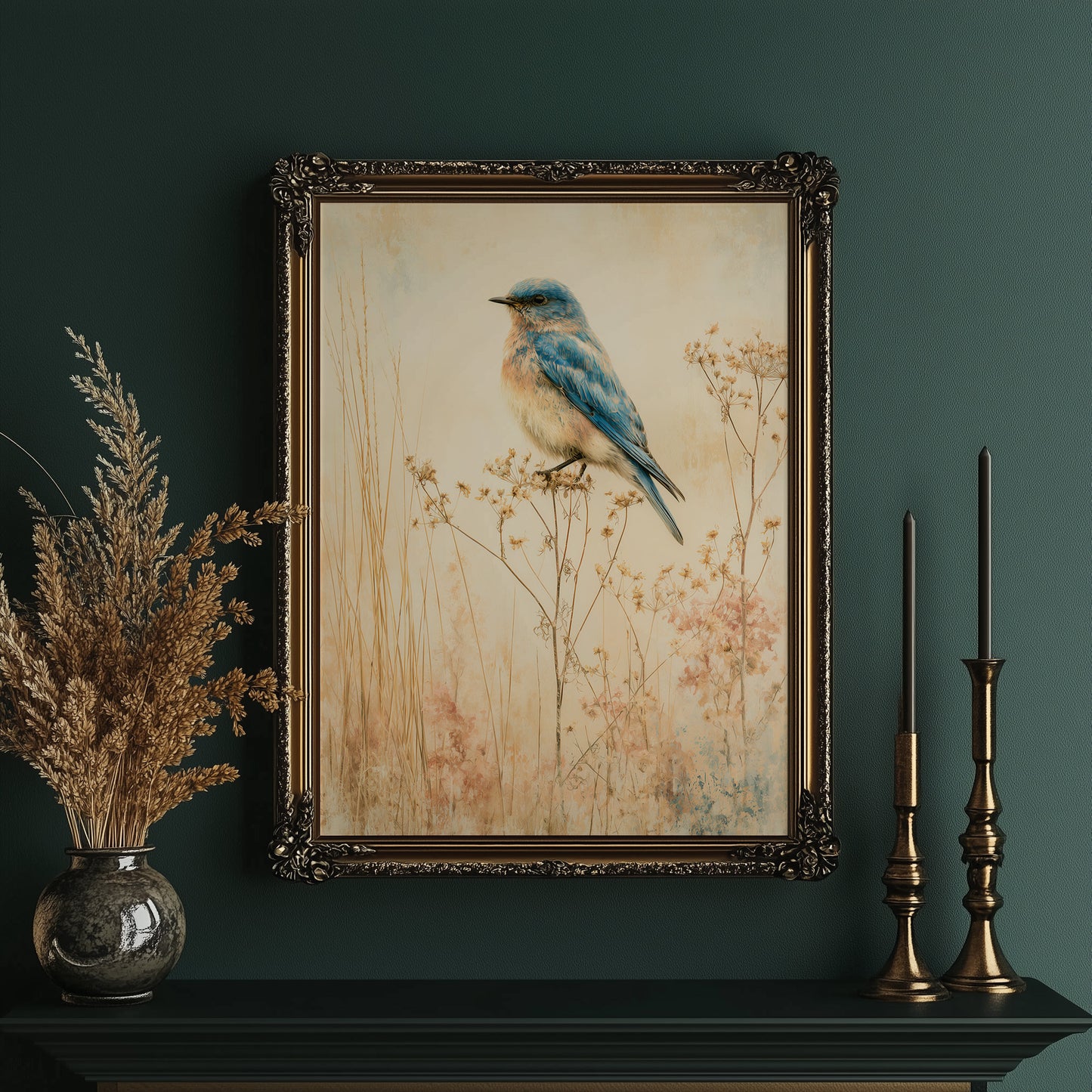 Bluebird in the Dried Wildflowers