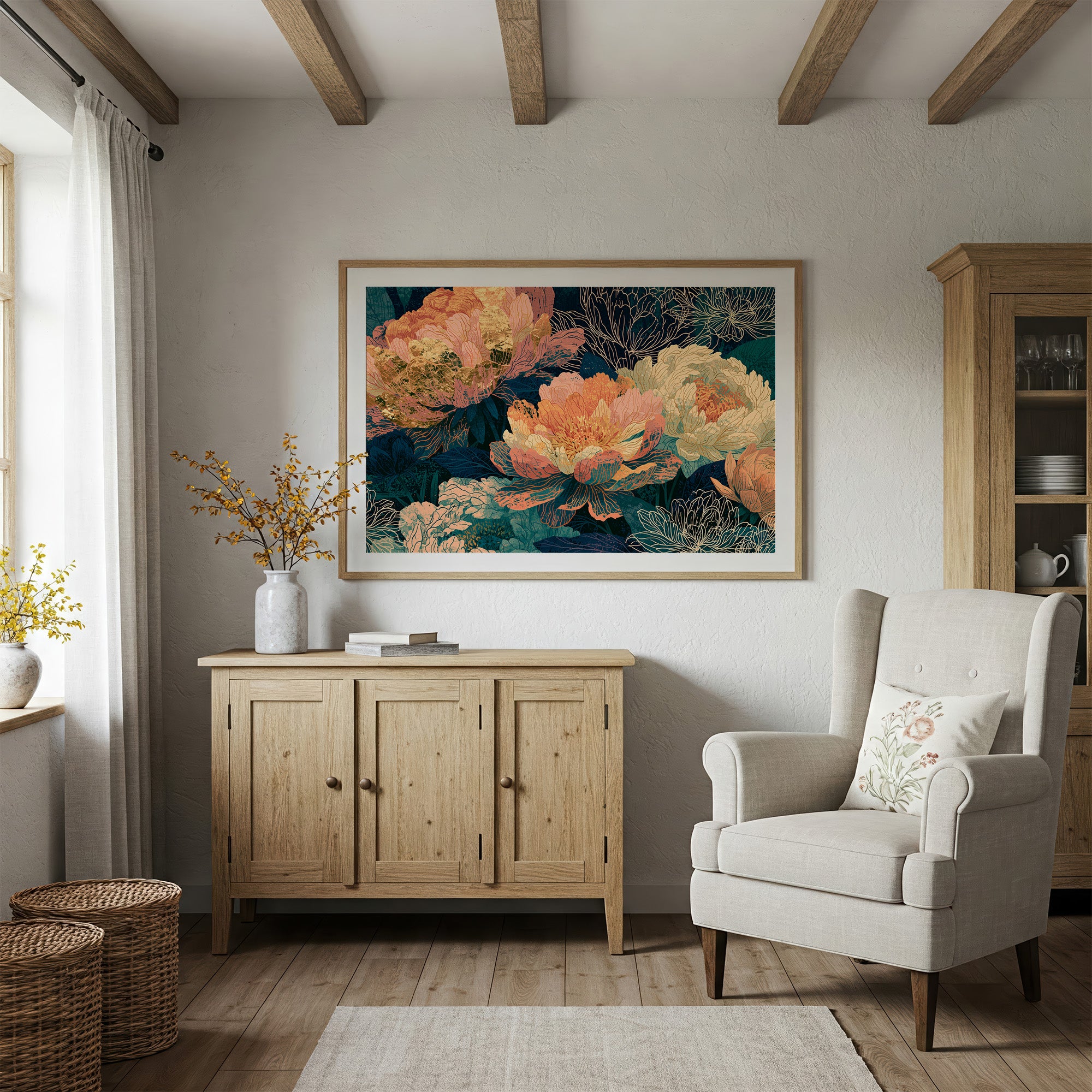 Peonies in Copper and Teal