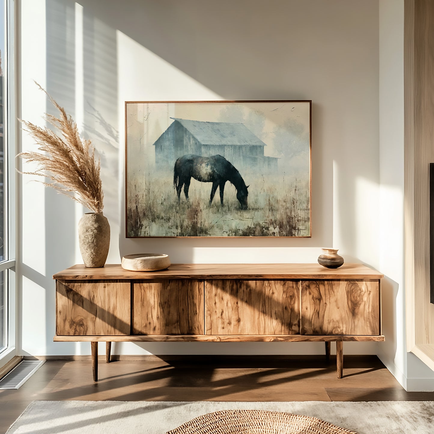 Grazing Horse, Foggy Farmstead