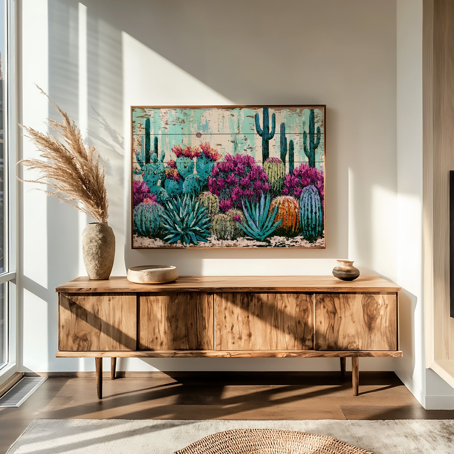 Turquoise Cactus and Fuchsia Blooms