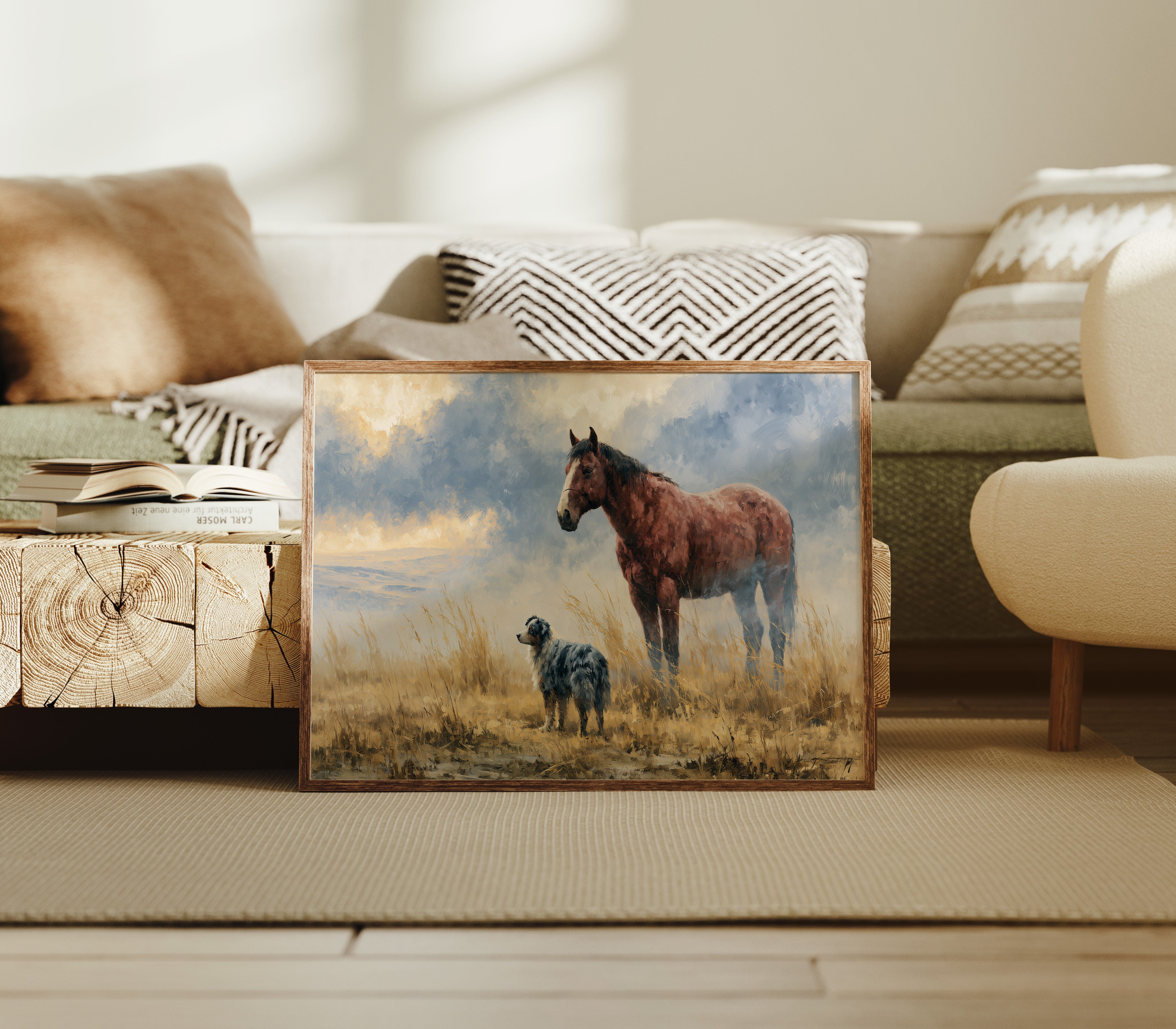 Bay Horse and Aussie Shepherd