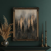 Pines Rising Through Amber Mist