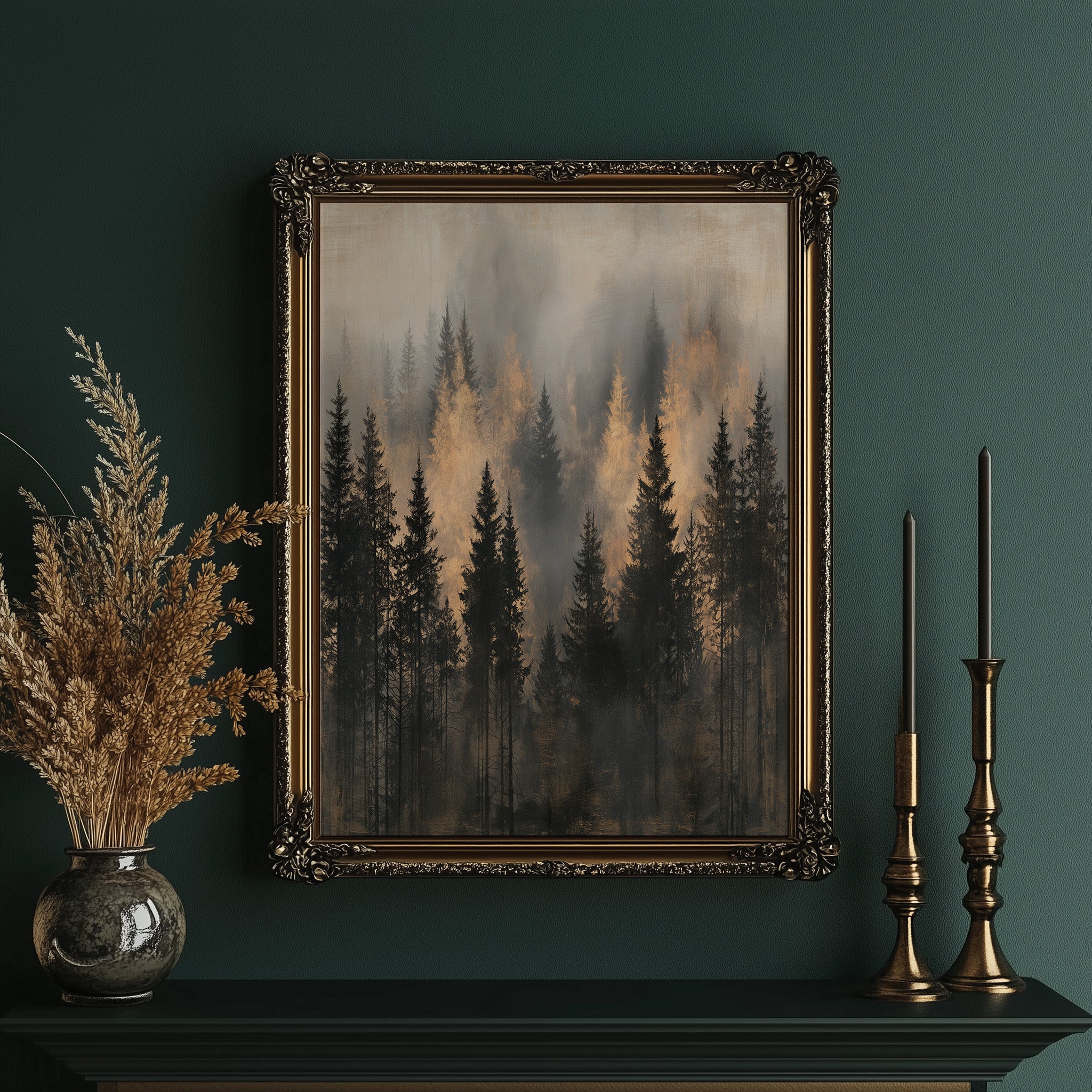 Pines Rising Through Amber Mist