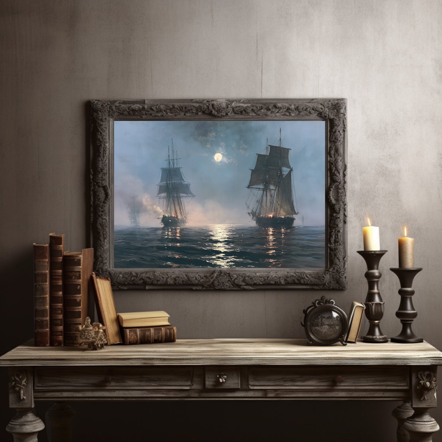 Tall Ships Under a Hazy Moon