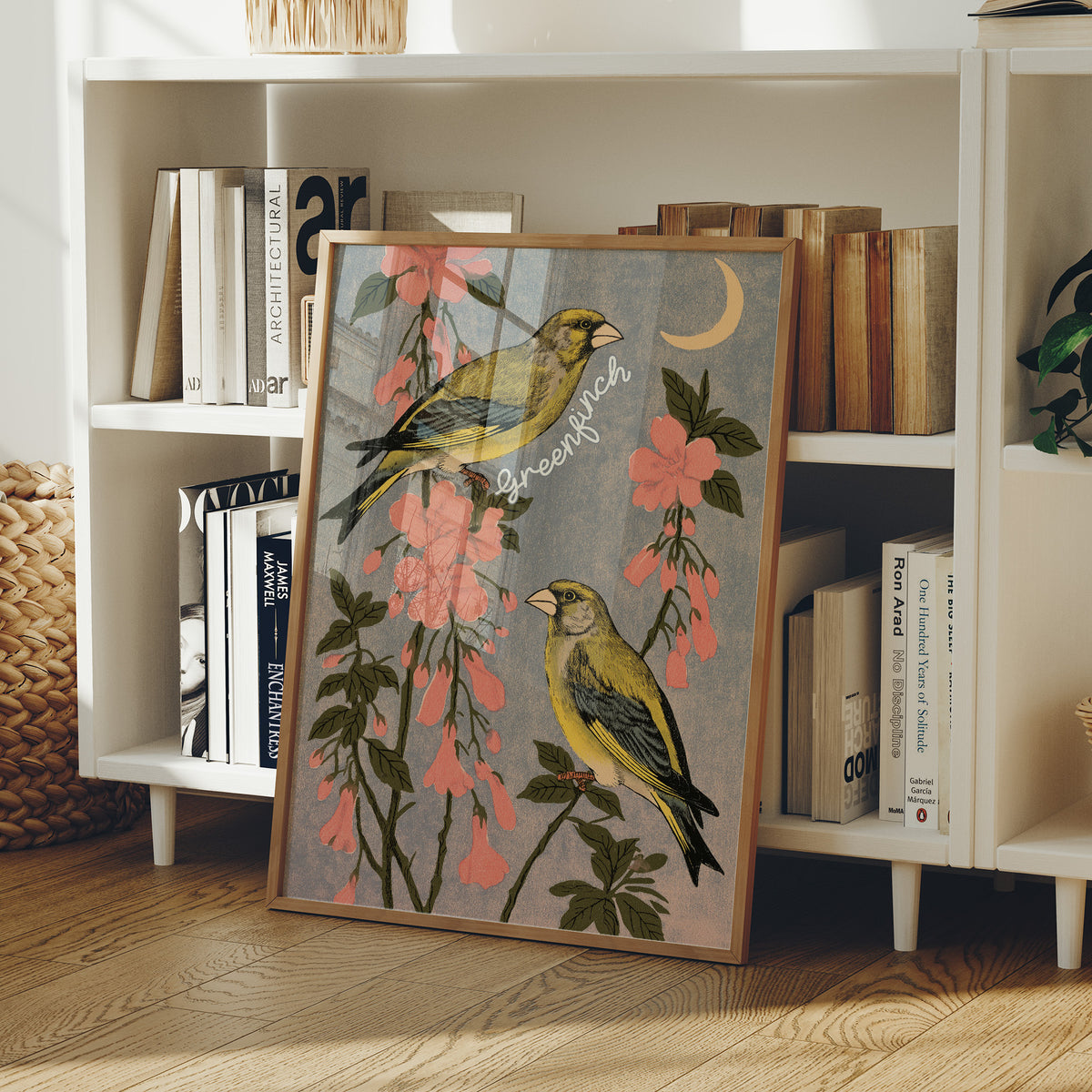 Greenfinches Beneath a Crescent Moon