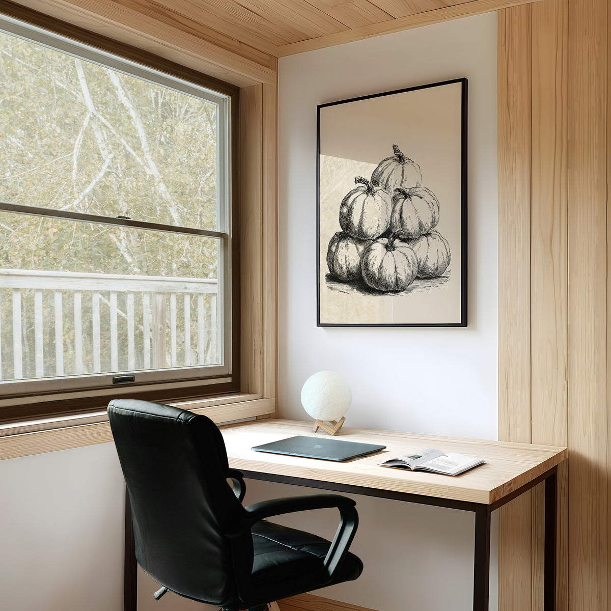 Gourd Squad, Stacked And Unbothered, framed print on a white wall above a desk and black office chair