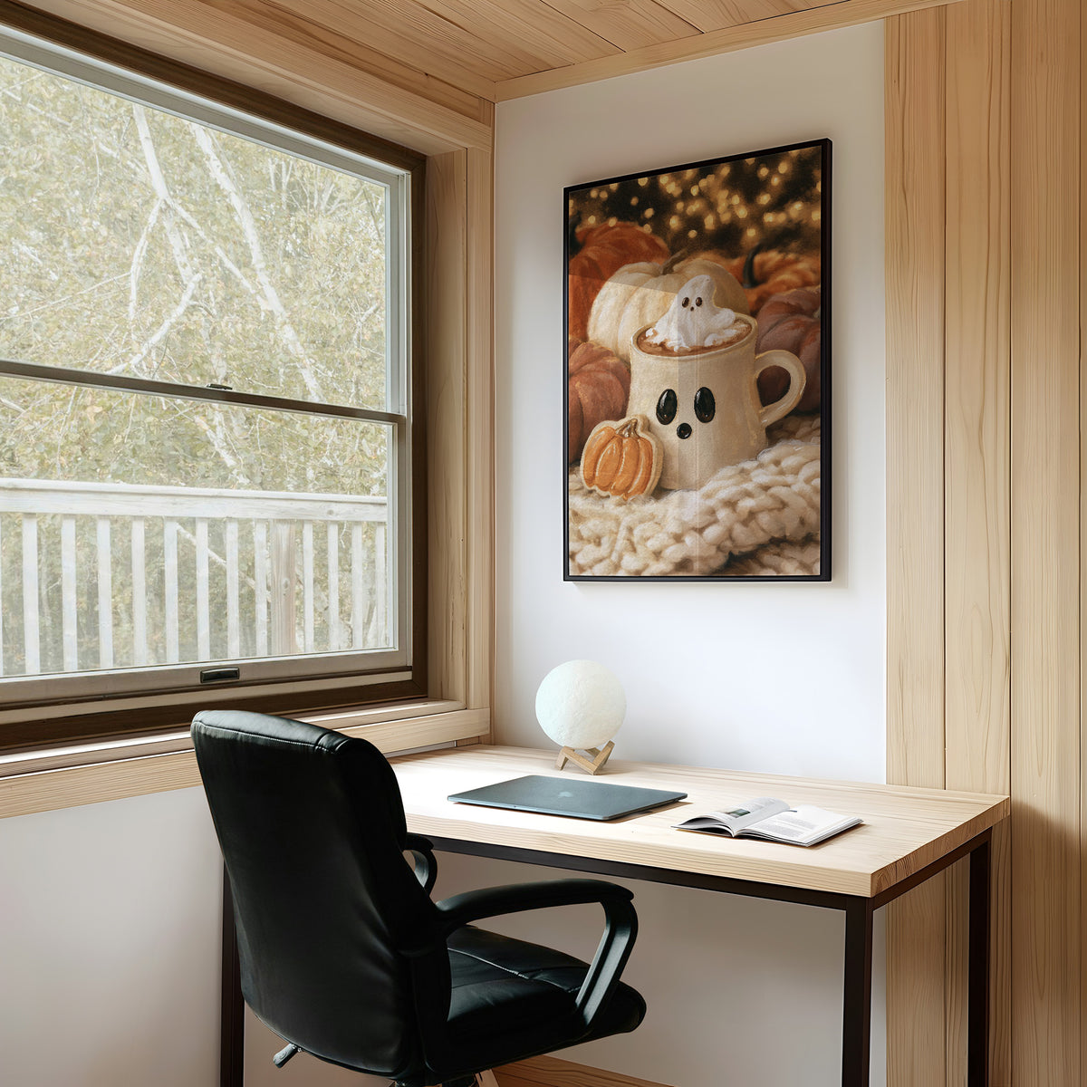 Boo jee Hot Cocoa Season, framed print on a white wall above a desk and black office chair