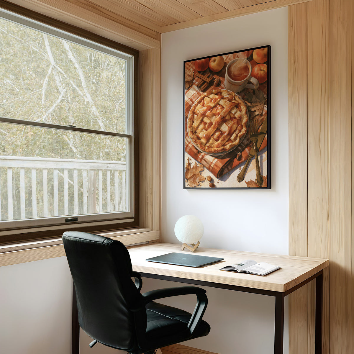 Lattice Get This Pie Started, framed print on a white wall above a desk and black office chair
