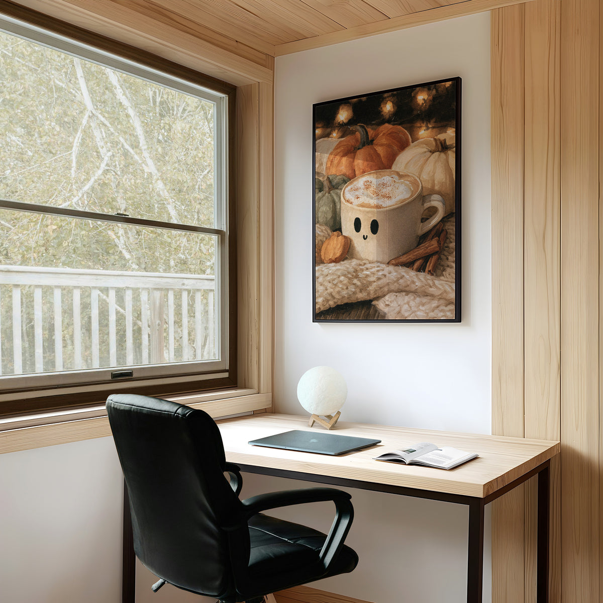 Latte Spirits, Feeling Ghoul, framed print on a white wall above a desk and black office chair