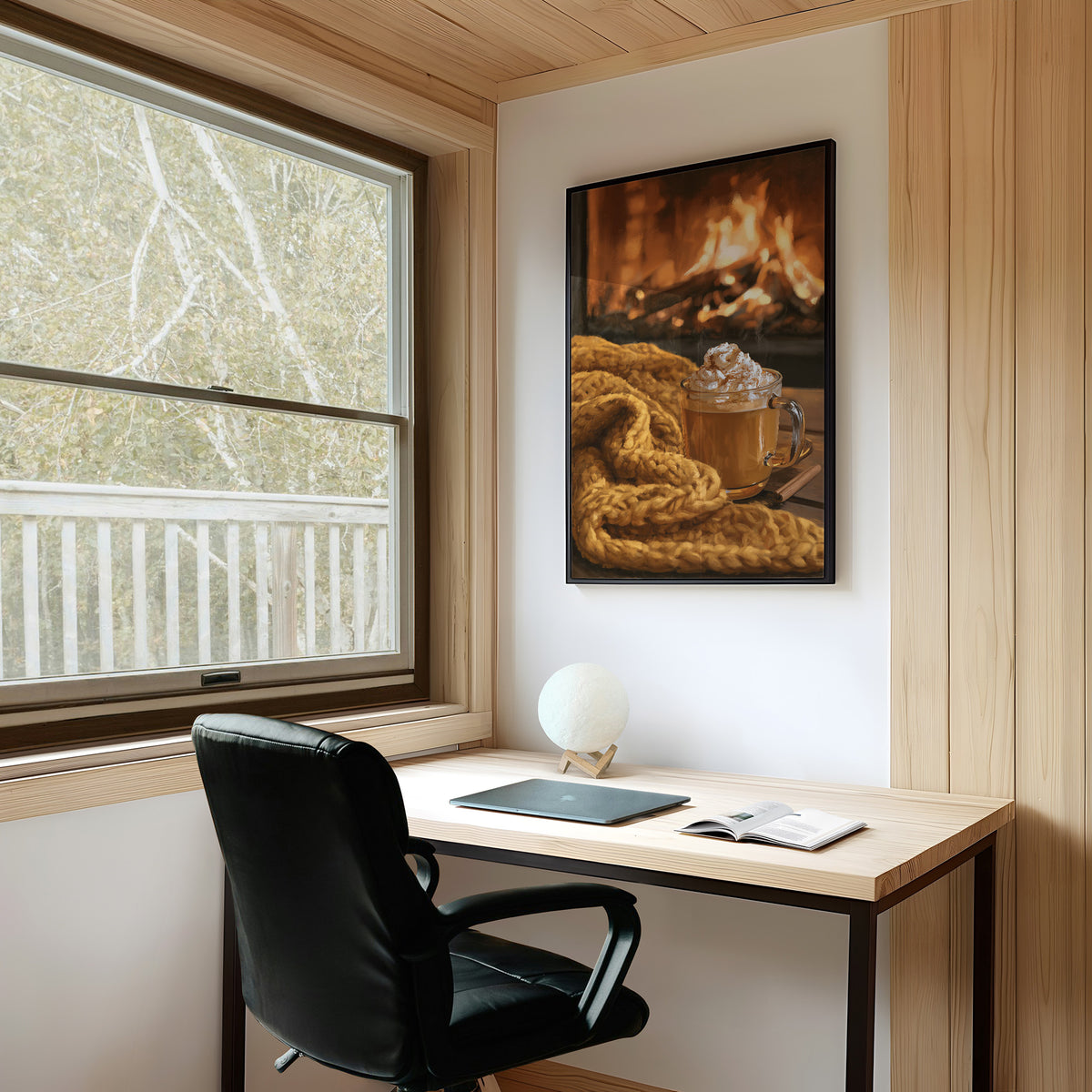 Hearth Of The Matter, framed print on a white wall above a desk and black office chair