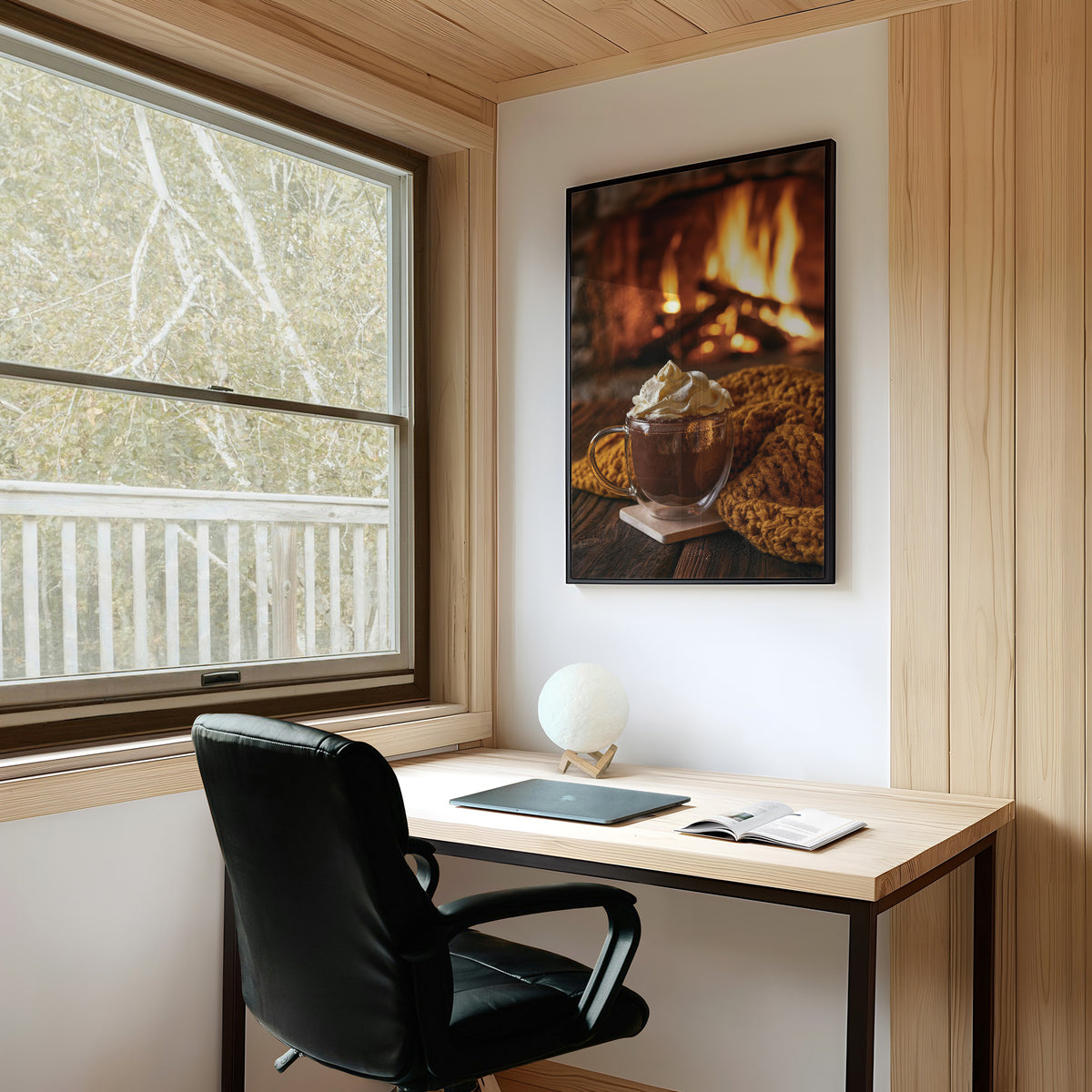 Cocoa Loco By The Fire, framed print on a white wall above a desk and black office chair