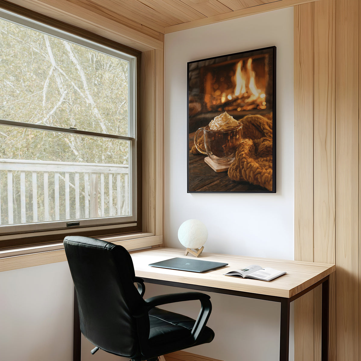 Mocha Ado About Nothing, framed print on a white wall above a desk and black office chair