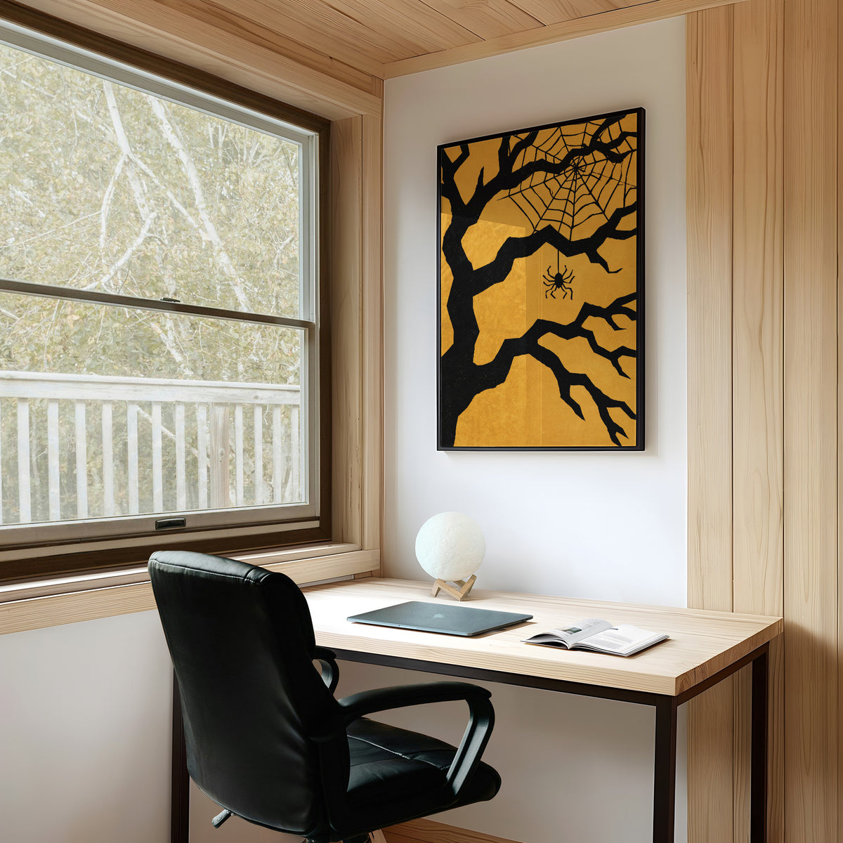 Just Hanging Around, Spookily, framed print on a white wall above a desk and black office chair
