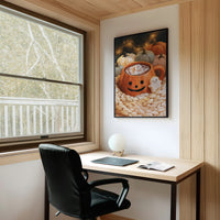 Mug Life: Jack O Latte Edition, framed print on a white wall above a desk and black office chair