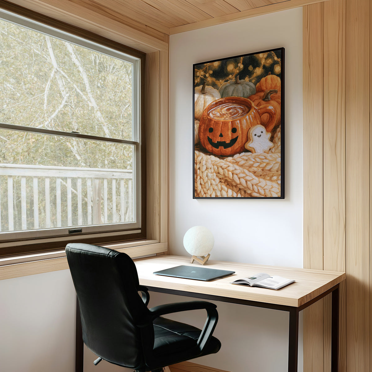 Snaggletooth Sips And Sweet Treats, framed print on a white wall above a desk and black office chair