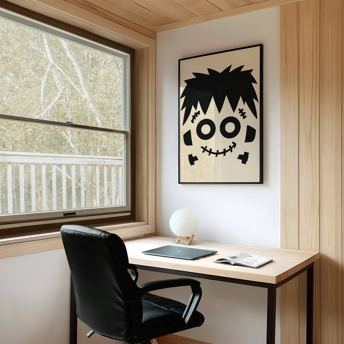 Bolt Of Approval, framed print on a white wall above a desk and black office chair