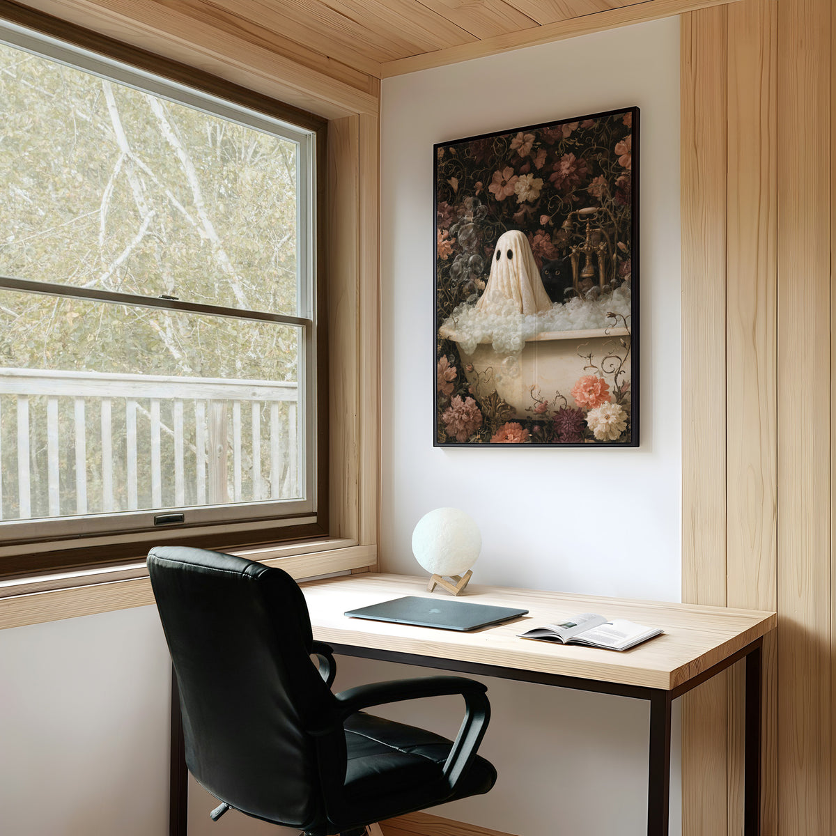 Boo ble Bath With A Side Of Judgment, framed print on a white wall above a desk and black office chair