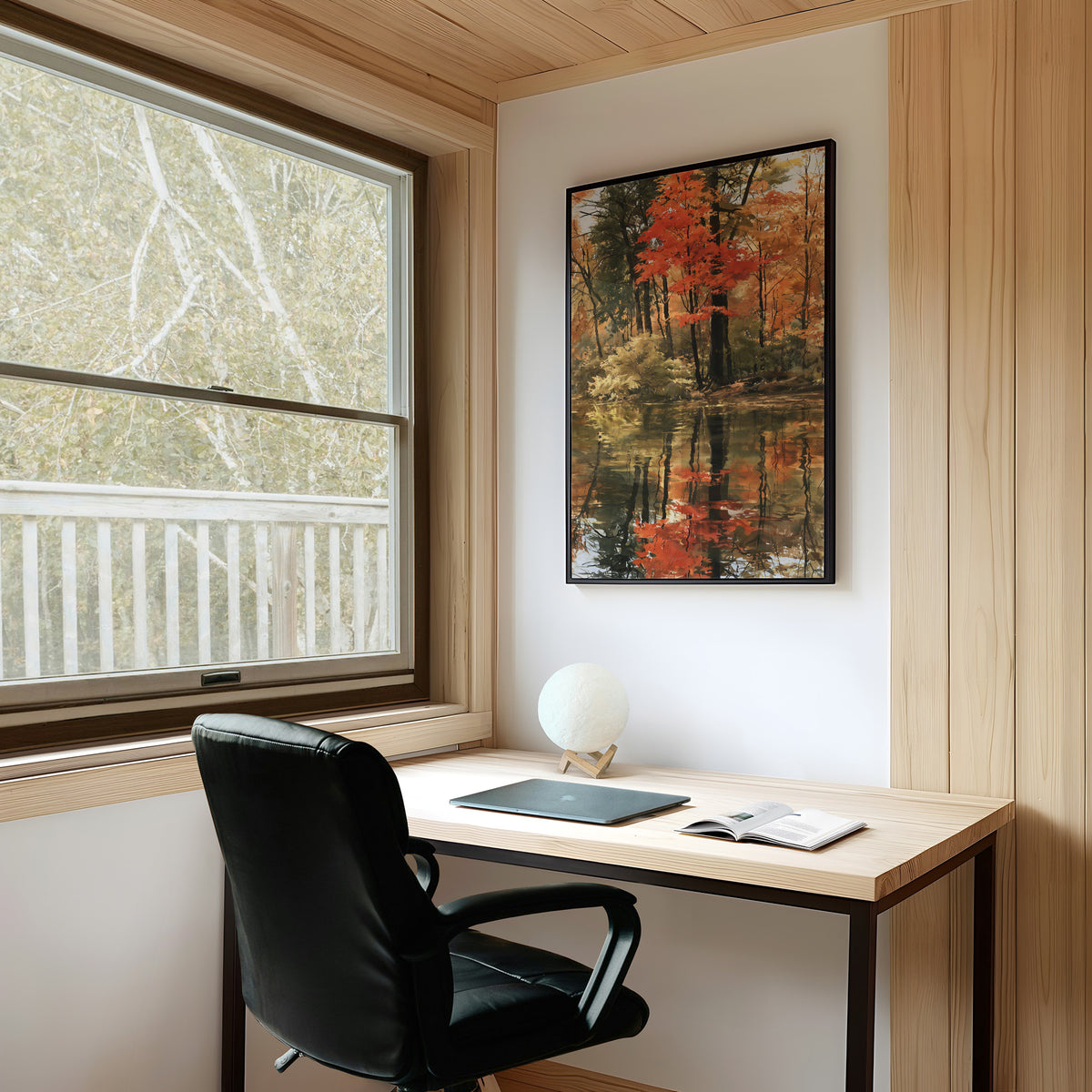 Seeing Red, Reflecting Well, framed print on a white wall above a desk and black office chair