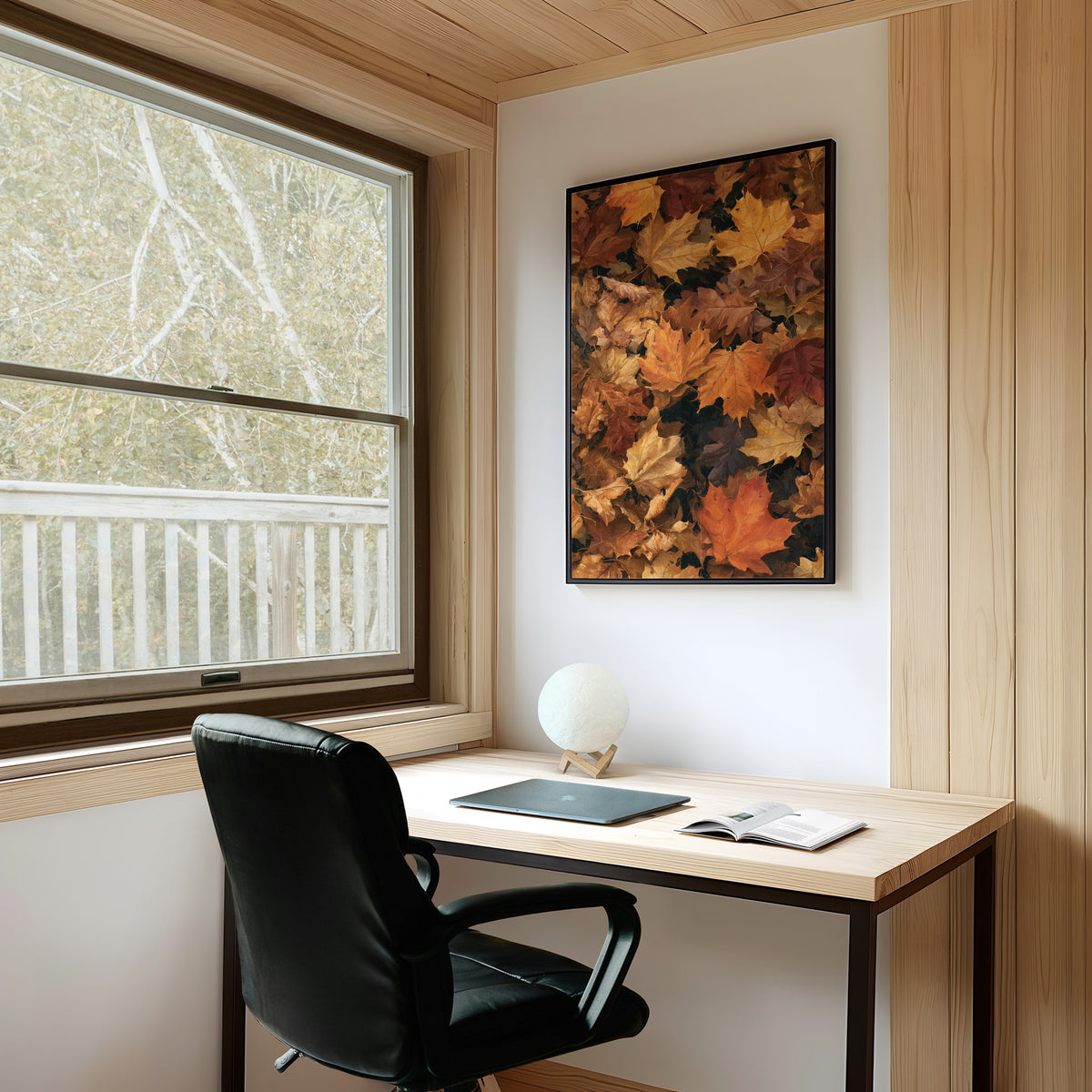 Leaf Me Alone, I’m Resting, framed print on a white wall above a desk and black office chair