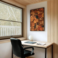 Fall Back And Relax, framed print on a white wall above a desk and black office chair