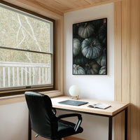 Feeling A Little Blue kin, framed print on a white wall above a desk and black office chair