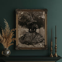 Resting Witch Face, framed print on a white wall above a desk and black office chair