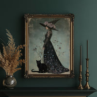 Bloom, Broom, And Feline Backup, framed print on a white wall above a desk and black office chair