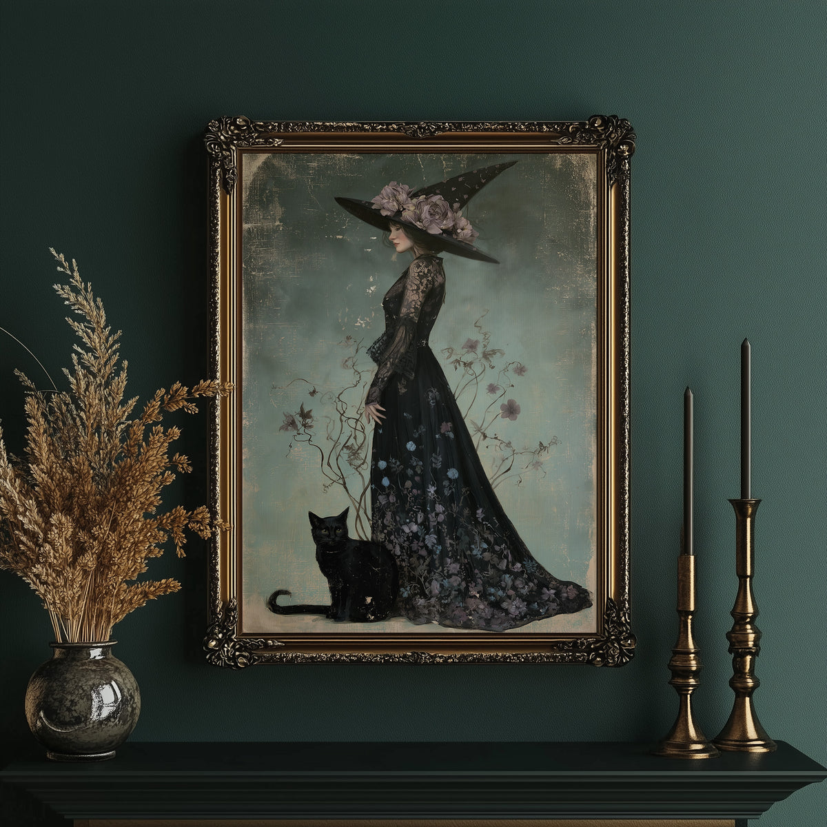 Bloom, Broom, And Feline Backup, framed print on a white wall above a desk and black office chair