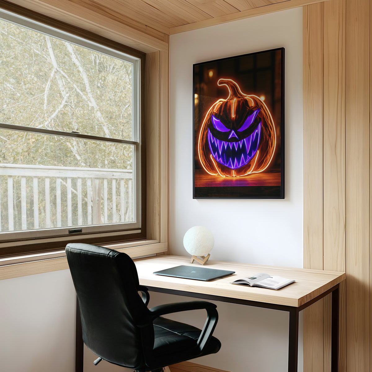 Neon Trouble Brewing, framed print on a white wall above a desk and black office chair