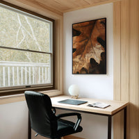Oak ay, Ready For My Close Up, framed print on a white wall above a desk and black office chair