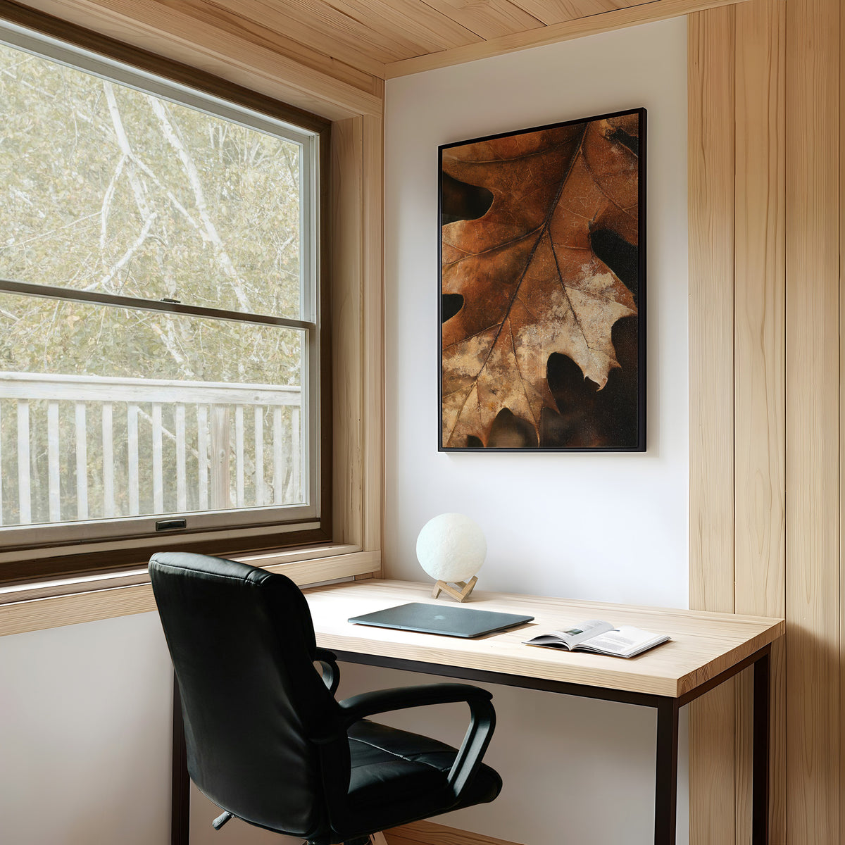Oak ay, Ready For My Close Up, framed print on a white wall above a desk and black office chair
