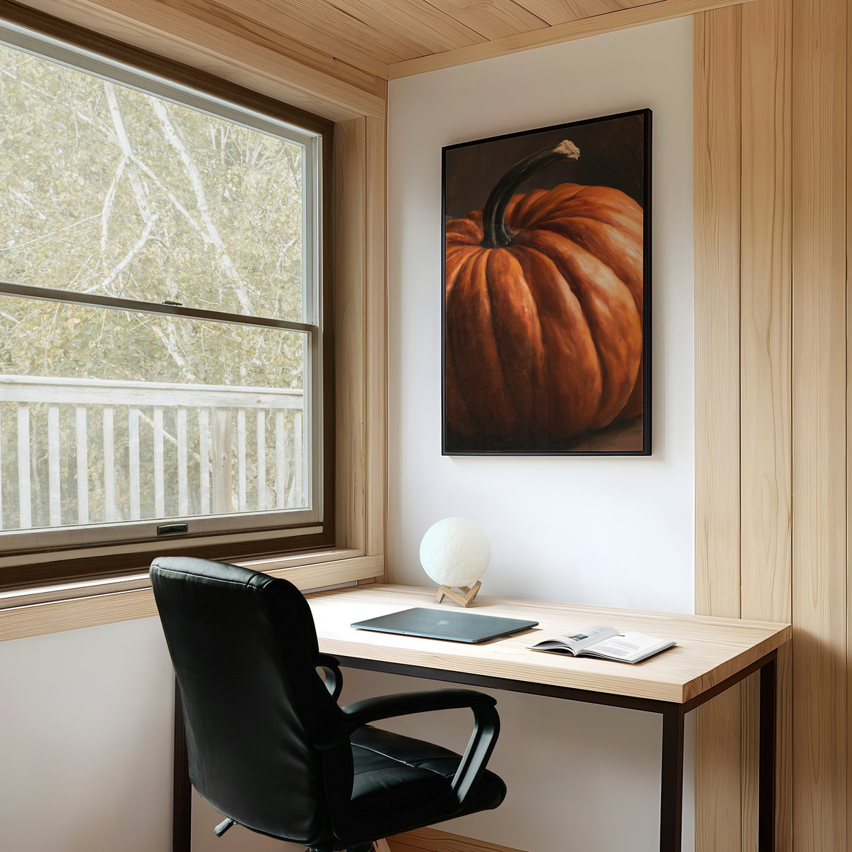 Thick And Proud Of It, framed print on a white wall above a desk and black office chair