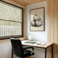 Top Gourd Takes The High Ground, framed print on a white wall above a desk and black office chair