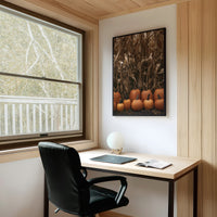 Lineup At The Corn Maze, framed print on a white wall above a desk and black office chair