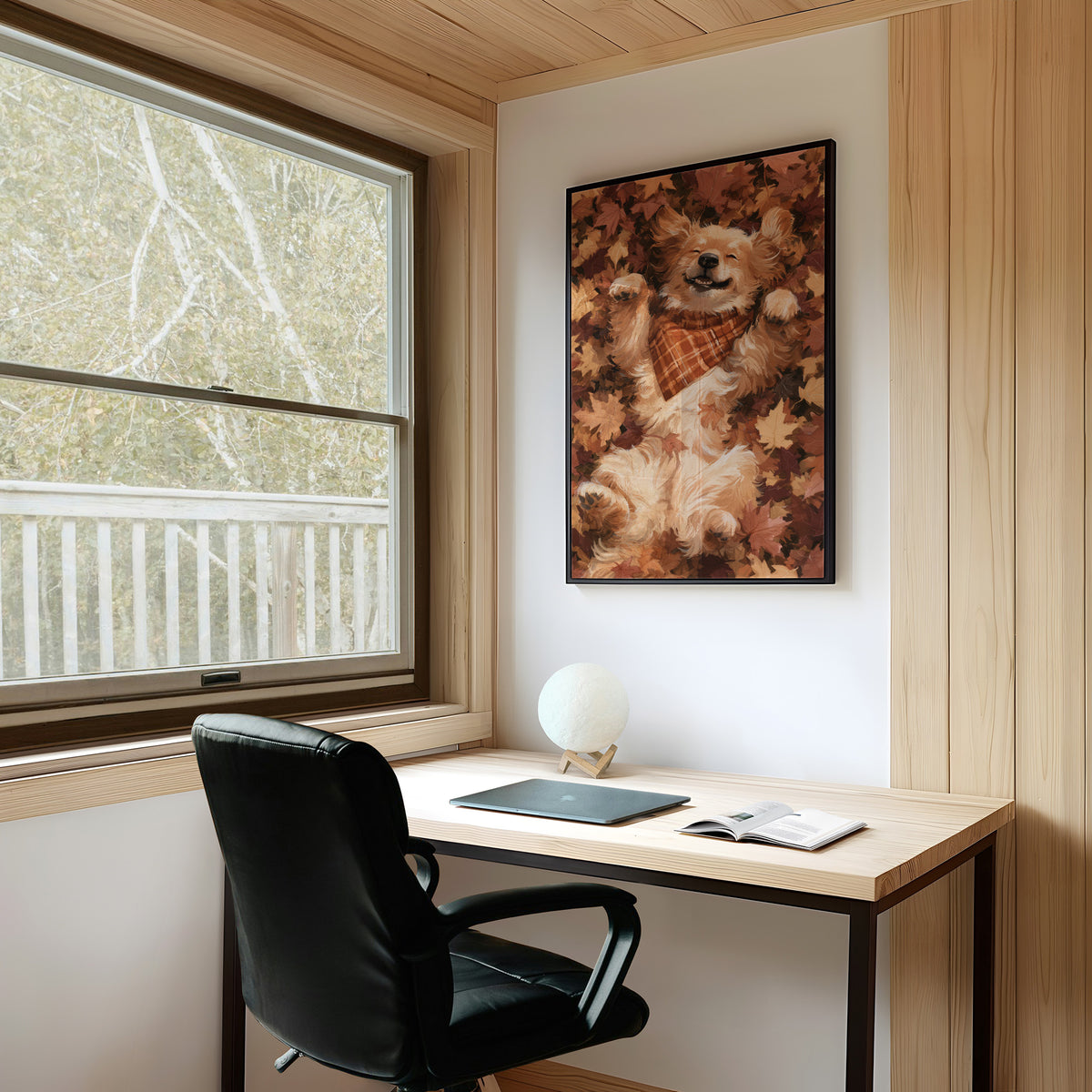 Belly Up, Leaf Pile Approved, framed print on a white wall above a desk and black office chair